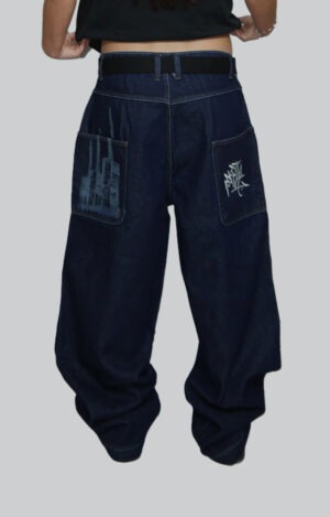 Pantalón baggy denim indigo North Point HARLEM 3X con gráfico Tres Chimeneas de Sant Adrià en bolsillos traseros streetwear