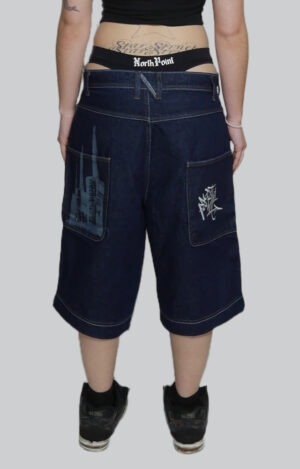 Shorts baggy denim indigo North Point HARLEM 3X con gráfico Tres Chimeneas de Sant Adrià streetwear